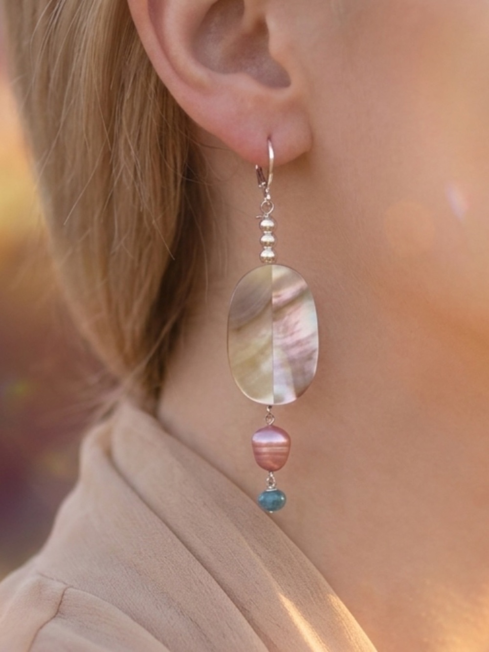 Altius Mystic Aqua Moonstone & Pearl Shell Earrings
